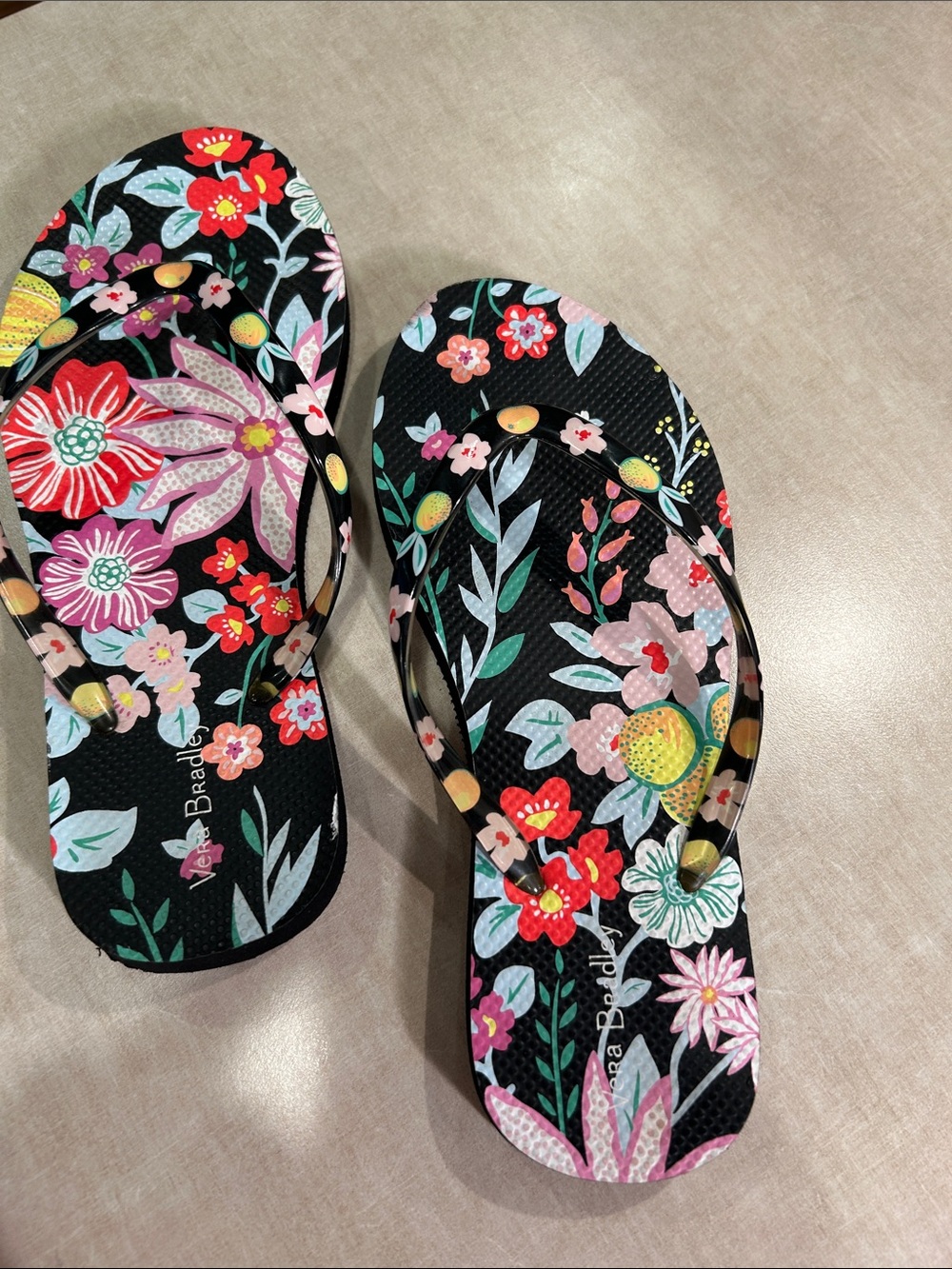 Vera Bradley Floral and Black Women's Flip Flops - Colorful Garden Print. New.